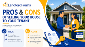 Landlord and tenant shaking hands in front of a home with a sold sign, showing the pros and cons of selling a rental property directly to a tenant.