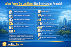 Landlords should check state laws to see the landlord forms required for their rental, but some of the most important forms are the lease agreement, rental application, and move-in move-out walkthrough checklist.
