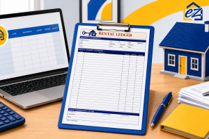 Image of key landlord tools, including rent ledger template and property management documents, essentially for tracking rent payments and keeping good rental property records.