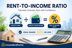 Image showing rent-to-income ratio of monthly rent divided by monthly gross income, highlighting an ideal range of 33% or less.