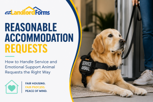 Image of a service dog at a rental property to help illustrate how landlords should handle reasonable accommodation requests for assistance animals.